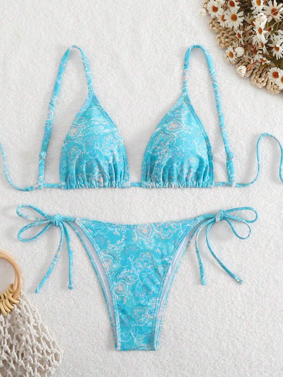 女士夏季沙滩花卉印花性感系带比基尼套装