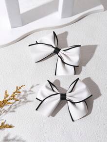 2 件白色优雅蝴蝶结发夹，适合女孩，黑色织物贴边装饰蝴蝶结发夹，时尚鳄鱼夹发饰，适合女孩派对礼物 - 黑與白 - 查看 5