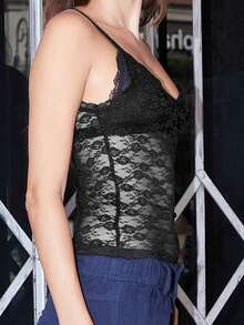 Women's Floral Lace Slim Camisole Spaghetti Strap V-Neck Sheer Mesh Tank Tops Summer See Through Cami Top Streetwear - 黑色 - 查看 6