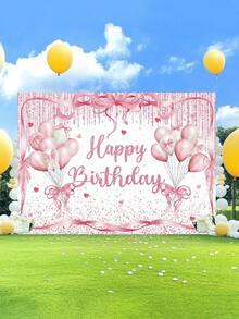 1 Stück rosa Schleife Glücklicher Geburtstag Fotografie Hintergrund mit Glitzer Punkten, Herzen, Luftballons, Party Banner 150 x 100 cm / 210 x 150 cm / 270 x 180 cm, Neugeborenen Babyparty Geburtstag Foto Hintergrund für drinnen und Outdoor, Dekorationszubehör
