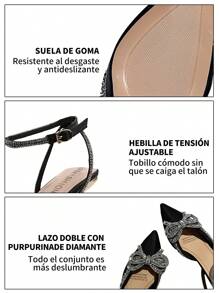 GlamourGrip Zapatillas de tacón elegantes para mujer con lazo brillante, tacones altos puntiagudos de punta estrecha y tacón grueso, zapatos cómodos de mujer tipo slingback con tira en el tobillo, tacones elegantes combinables con vestidos y ropa formal para fiestas, trabajo, citas, vacaciones, Halloween y Navidad