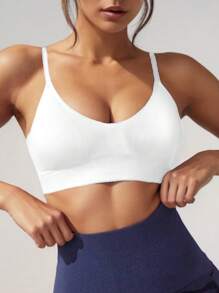 Sutiã esportivo casual com costas nadador, cor sólida, para mulheres, sem costura, confortável, alça fina, sexy, decote em V, camisola esportiva da moda, adequado para uso diário, ioga