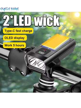 太阳能充电自行车灯，具有 3 种照明模式、明亮的双头灯、Type-C 充电、数字电池电量显示，适用于山地自行车和户外骑行