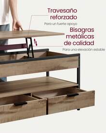 Mesa de Centro Elevable, Mesa de Salón, con Cajones de Almacenamiento, Compartimentos Ocultos y Estante Abierto, 50 x 100 cm,Marrón Camello y Negro Tinta - Camel - Ver 4