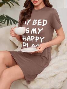 睡裙 - 标语印花睡裙 - 短袖，圆领，休闲 - 睡衣，家居服 - 女士 - 舒适，时尚 - 时尚睡眠，舒适入梦 - 紫紅色 - 查看 3