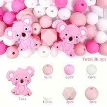 36/38/43pcs Cute Silicone Bead Set, 12mm/15mm Solid Color Koala Pattern Round Loose Beads, Used For DIY Jewelry Making, Key Chain, Pen Strap, Bracelet, Necklace, Pendant Handcraft Supplies
