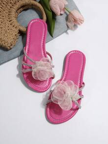 French Flat Flower Slip-On Slippers For Women, Summer Casual Wear, New Design, Fashionable For Outings, Dating, Shopping, Party - Hot Pink - View 6