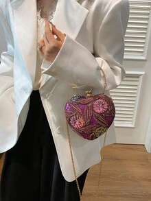 花卉亮片拼接不对称手提包，爱心造型手拿包，优雅五金装饰，适合晚宴、婚礼、度假等场合，可斜挎，链条设计，可装口红和零钱包，情人节礼物，紫色，亮片 - 紫色 - 查看 3