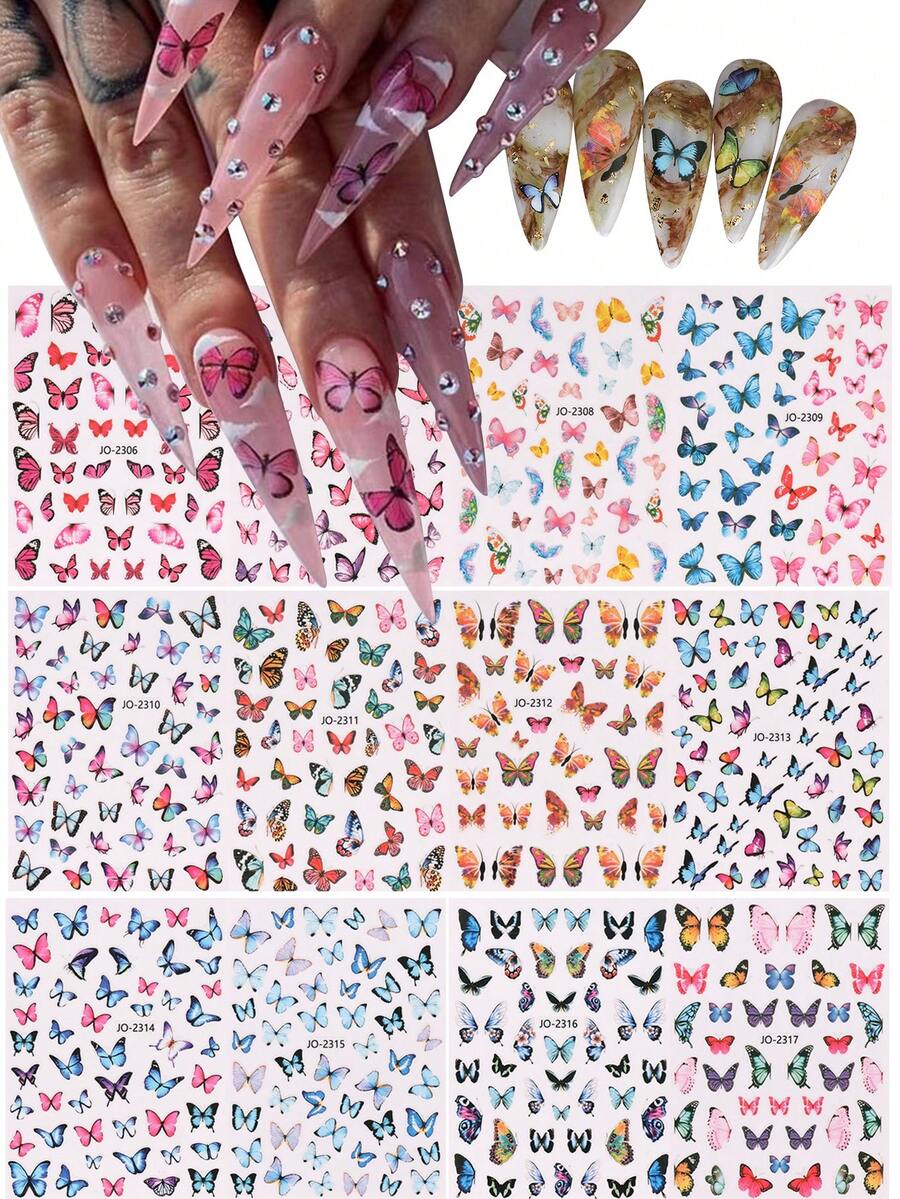 12片/套彩色蝴蝶美甲贴纸，蓝粉渐变蝴蝶美甲贴花，自粘式美甲贴纸，适合夏季DIY美甲装饰 - 彩色 - 查看 1