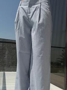 Manon Tanti Women's Y2k  Low Waist  Loose Fit Wide Leg Floor Length Pants  Grey Vertical Stripe Pants - Grey - View 8