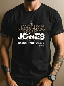Camiseta de hombre con estampado de la marca Jack & Jones, camiseta de cuello redondo para hombre, 220 g/m², para verano, fabricada en puro algodón, manga corta (1 pieza)