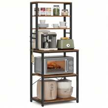 Kitchen Storage Rack, Coffee Bar, Baker's Rack, Total 6 Shelves And 6 Hooks, For Microwave, Steel Frame, Industrial, Rustic Brown And Black