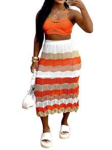 Women Crochet Knitted Hollow Out Halter Crop Top And Colorblock Textured Pattern Semi Sheer Long Skirt Set Two Piece Outfit - 橘色 - 查看 2