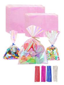 50 pièces Sacs en cellophane pour friandises, sacs en cellophane irisés holographiques, sacs à cadeaux avec liens torsadés, pour fête d'anniversaire, mariage, Fête des mères, Noël, Saint-Valentin