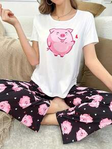 女士可爱小猪爱心印花睡衣套装 - 白色 - 查看 2