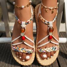 Sandali bohémien con perline: cinturini intrecciati colorati con perline luminose, comodi e alla moda con un fascino unico. Intrecciato colorato con perline alla moda, suola comoda, sandali estivi essenziali casual all'aperto per donne.