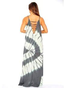 Tie Dye Spaghetti Strap Maxi Dress - Grey - View 3