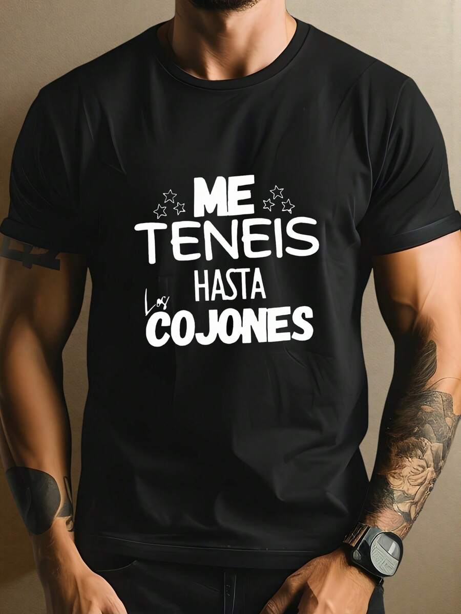 Camiseta de hombre con estampado de texto en español, camiseta de hombre de cuello redondo, 220 g/m², para verano, fabricada en puro algodón, manga corta (1 pieza)