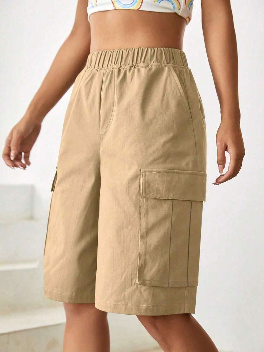 1 pieza Pantalones cortos informales con bolsillos laterales sueltos y múltiples bolsillos para niña adolescente, pantalones cortos utilitarios para exterior, primavera/verano/otoño - Caqui - Ver 1