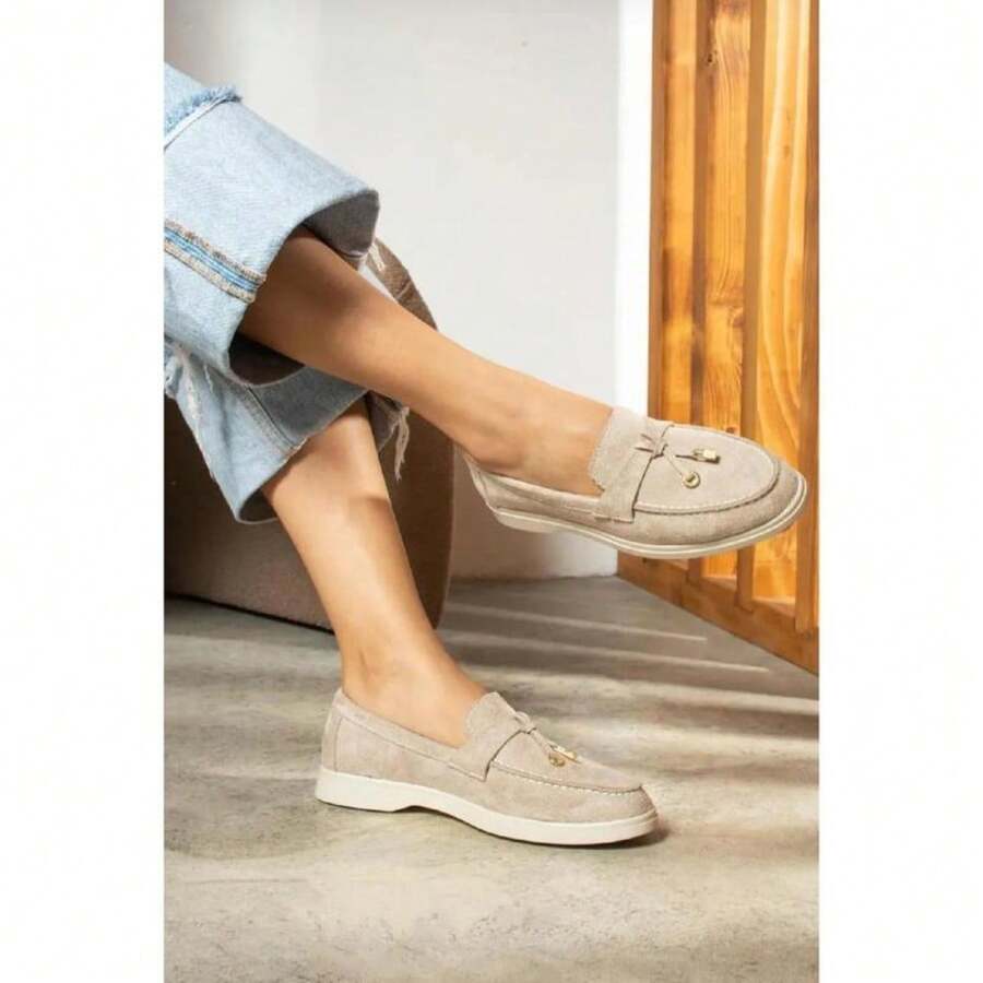 WILMA BEIGE FAUX SUEDE TASSEL LOAFERS - UK 5 / EU 38 / US 7 - View 1