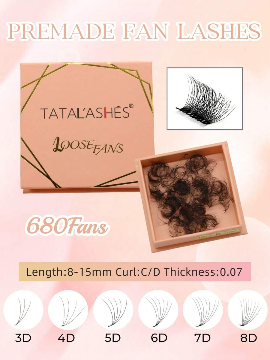 3D/4D/5D/6D/7D/8D 680Fans In One Box Premade Volume Fan Lashes 8-15mm Length 0.07 Thickness C Curl Eyelash Extension Pointy Base Loose Fan Lashes For Salon Use - C - View 1