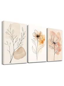 3pcs Soft Pastel Background Posters, Elegant Floral Design Modern Art Pieces, Zen Nature Atmosphere Canvas Prints Wall Art, Minimalist Beauty Elements Poster, Abstract Garden Theme Art, Minimalist Line Art Wall Paintings, Posters, Framed Option Available - 3Pcs/Set - View 1