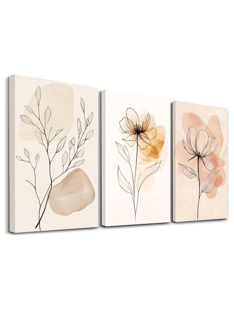 3pcs Soft Pastel Background Posters, Elegant Floral Design Modern Art Pieces, Zen Nature Atmosphere Canvas Prints Wall Art, Minimalist Beauty Elements Poster, Abstract Garden Theme Art, Minimalist Line Art Wall Paintings, Posters, Framed Option Available - 3Pcs/Set - View 1