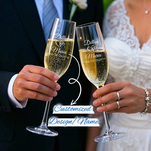 (Juego de 2) Copas de champán personalizadas - Vasos de brindis de cristal con impresión UV personalizada con nombre y diseño - Elija entre múltiples patrones, colores y estilos - Regalo de boda perfecto, copas para fiesta de compromiso, recuerdo de despedida de soltera y decoración para celebración romántica. Multifuncional, duradero, ornamental, reutilizable, exquisito, elegante, de alta calidad, colorido, moderno, personalizado, único, regalo ideal para él, regalo ideal para ella.