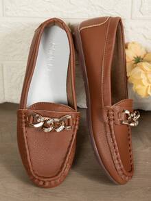New Spring Women's Chain Decorated Loafers, Soft Leather Slip-On Flat Penny Loafers - Brown - View 5