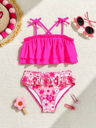 Young Girl Floral Print Ruffle Trim Swimsuit Set
