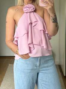 Women Tank Tops Solid Color 3D Flower Ruffles Tie-Up Halter Neck Casual Vests Summer Backless Sleeveless Tops Streetwear - 粉色 - 查看 1