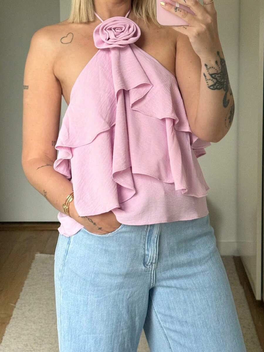 Women Tank Tops Solid Color 3D Flower Ruffles Tie-Up Halter Neck Casual Vests Summer Backless Sleeveless Tops Streetwear - 粉色 - 查看 1
