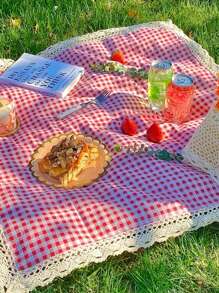 1 pieza Manta de picnic tejida a cuadros rosados, estilo granja americana con encaje, gruesa y de uso múltiple para campamento, playa, sofá, comidas al aire libre y relajación, decoración del hogar