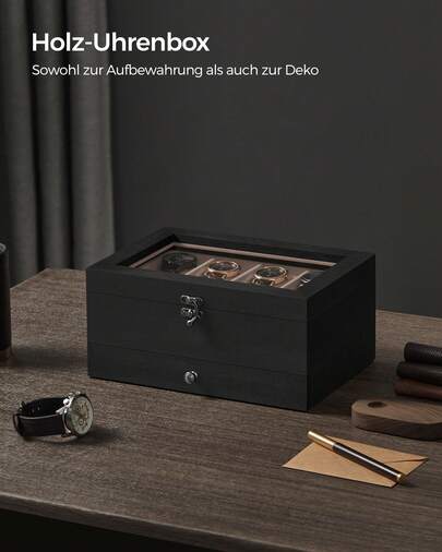 Uhrenbox mit 8 Fächern, Uhrenkasten aus Massivholz, mit Glasdeckel, Uhrenkissen, Schmuckaufbewahrung, Geschenk für Ihre Liebsten, ebenholzschwarz