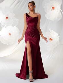 ADYCE Asymmetric Draped Collar Party Dress, Satin Herringbone High Waist Pleated Open Back Tie Long Formal Gown, Suitable For Formal Occasions Like Wedding Guest, Bridesmaid, Homecoming, Prom - Burgundy - View 1