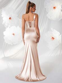 ADYCE Đầm dạ hội cổ xếp ly bất đối xứng, chất liệu satin họa tiết xương cá, eo cao, xếp ly, hở lưng, thắt nơ, thích hợp cho các dịp trang trọng như dự đám cưới, làm phù dâu, dự tiệc, dạ hội. - Màu be - Xem 2