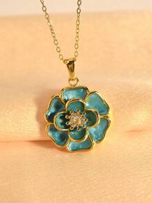 MECYLIFE 1pc Fashionable Crystal & Enamel Oversized Flower Pendant Necklace, Suitable For Women