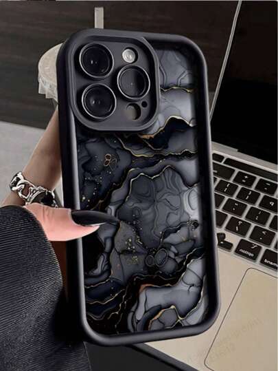 Marble Painted Groove Painted Black Thickened Precision Hole Minimalist Anti-Drop Thick Phone Protective Case, Suitable For Apple