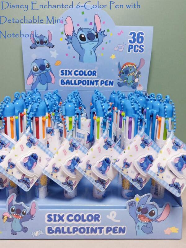Disney 24pcs Disney Back-To-School Enchanted 6-Color Charm Ballpoint Pen With Detachable Spellbook Pendant & Mickey Ear Clip - Magic Ink Switching Tech + 3cm Tear-Able Notebook (30 Disney Character Pages), Convertible Necklace/Book Strap Design For Campus Fashionistas School Supplies,Back To School