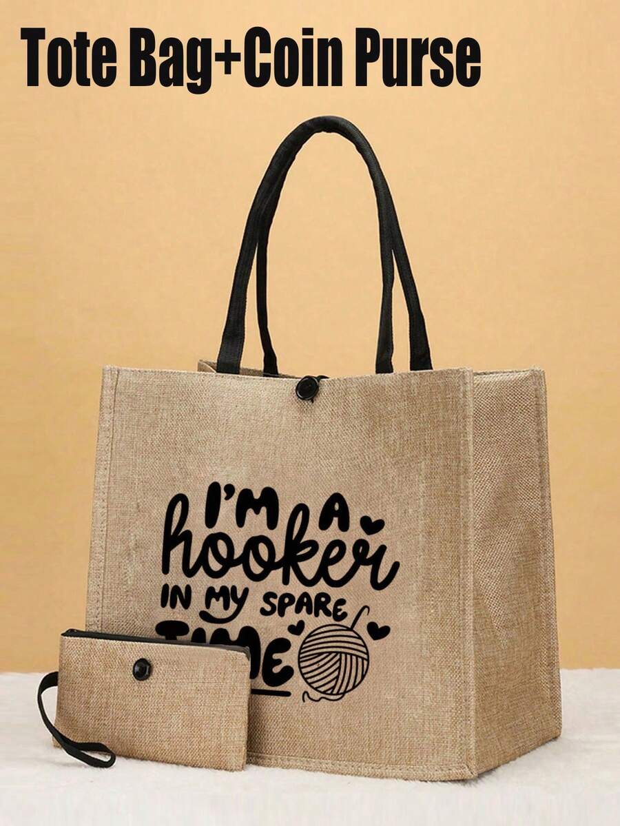 1/2Pcs Crochet Printed Tote Bag And Matching Cosmetic Bag/Coin Purse, Mother's Day Gift, Personalized Gift Bag, Buckle Commuter Bag And Zipper Cosmetic Bag, Suitable For Weddings, Birthdays, Beaches, Festivals And Other Occasions. It Is A Perfect Gift For Women, Mothers, Teachers, Friends, Bridesmaids, Big Bags, Students And Back To School, And Also Suitable For Nature Lovers And Women. - Khaki - View 1