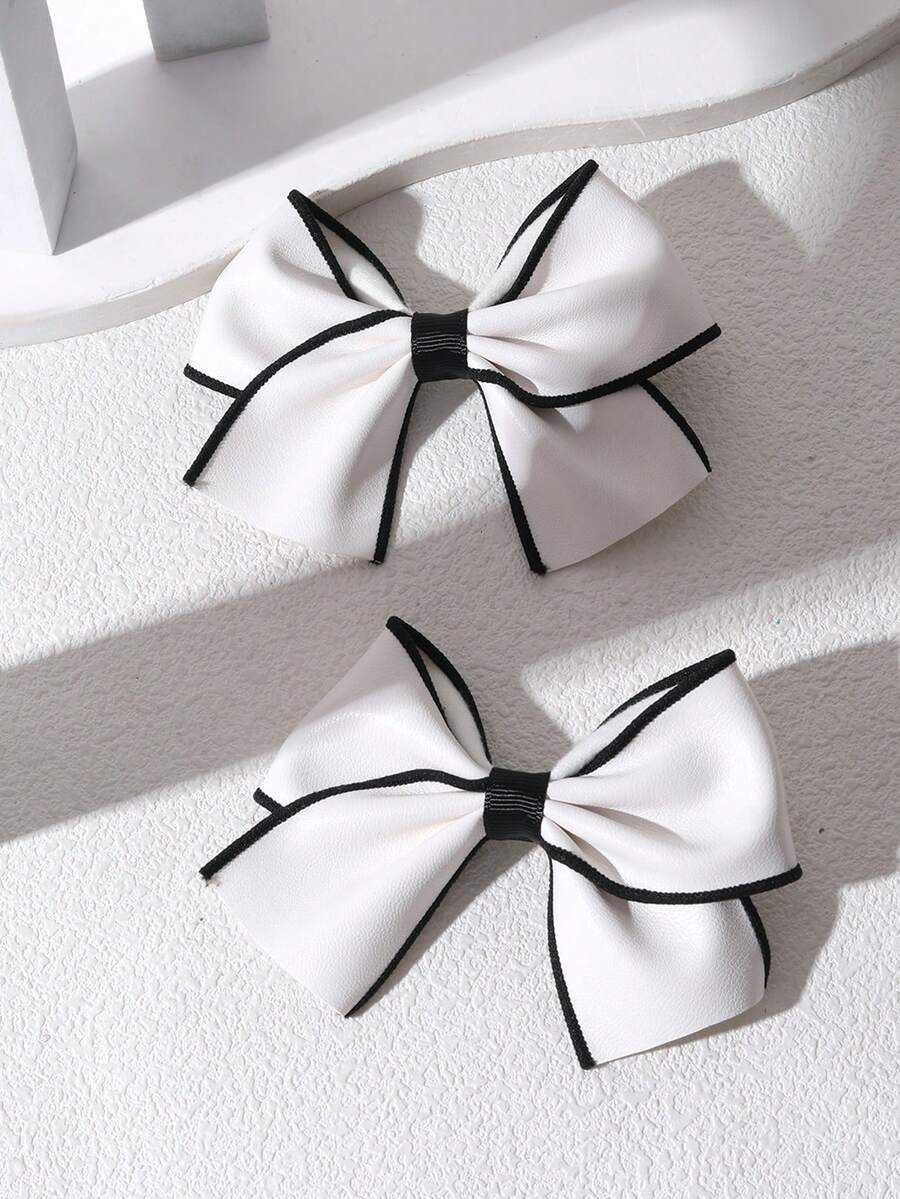 2 件白色优雅蝴蝶结发夹，适合女孩，黑色织物贴边装饰蝴蝶结发夹，时尚鳄鱼夹发饰，适合女孩派对礼物 - 黑與白 - 查看 1