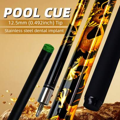 1pc Premium Carbon Fiber Pool Cue With Majestic Gold Chinese Dragon Design, 1/2 Piece Construction, 12.5mm Tip, 146cm/57.4" Length, 19-21oz Weight, Excellent Holiday Or Birthday Gift, Suitable For Carom, 8-Ball, 9-Ball, Trick Shot Billiards