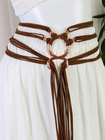 Cinto Longo de Corda Medieval Anelado para Mulheres, Cinto de Corda Anelado de Bruxa Nórdica, Acessórios de Fantasia Renascentista Viking para Halloween