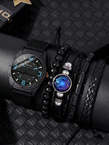 Set de 5 piezas que incluye un reloj de cara redonda digital y casual de hombre con correa de lona, emparejado con una pulsera tejida de PU con diseño de constelación, adecuado para uso diario y vacaciones, perfecto como regalo