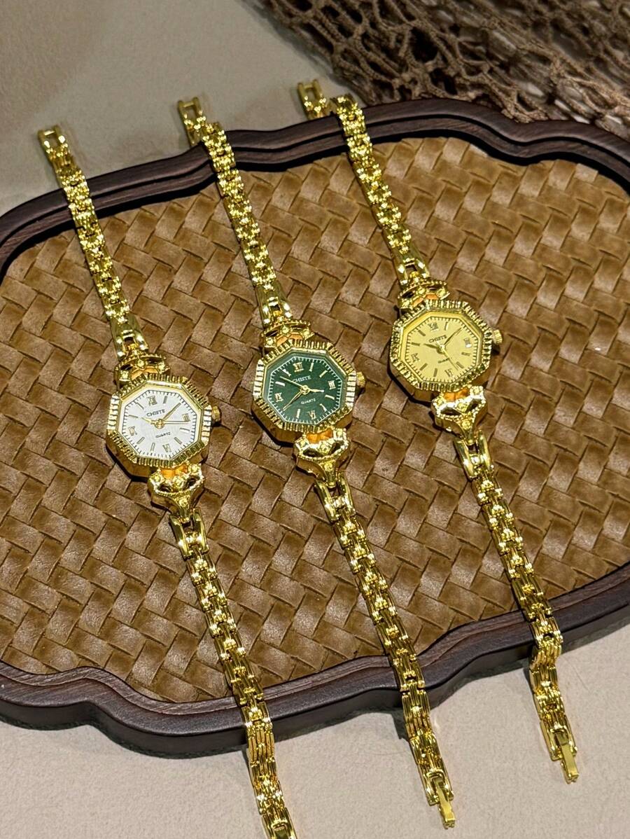 1 Stück französische goldene Retro-Polygon Damenuhr, exquisit elegante modische Quarzuhr für Frauen, geeignet für den täglichen Gebrauch, Partys und Urlaub, um Ihr Handgelenk mit drei farbigen Zifferblättern/Gold/Weiß/Grün zu dekorieren