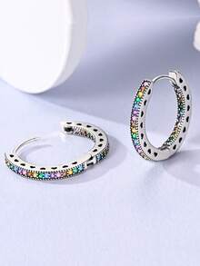 925 Sterling Silver Women's Hoop Earrings With Colorful Cubic Zirconia, Hypoallergenic High Quality Classic Elegant Jewelry Gift, Suitable For Daily, Party, Banquet - Silver - View 12