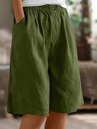 女士宽松松紧腰及膝短裤，带口袋休闲沙滩短裤，夏季