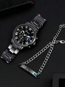 2 件时尚商务绅士圆形男士黑色钢表带石英手表，搭配链条锆石钻石手链组合套装，精美礼品套装，适合节日、派对、商务和日常佩戴