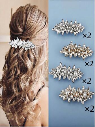 2 piezas de pinzas para el cabello minimalistas de aleación con cristal rómbico, perlas y strass para mujeres, tocados de boda y fiesta nupcial
