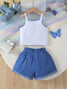 Conjunto informal de 2 piezas para niñas pequeñas, top de tirantes con estampado de mariposas y pantalones cortos de aspecto vaquero, apto para niñas de 4 a 7 años, para uso en exteriores en verano